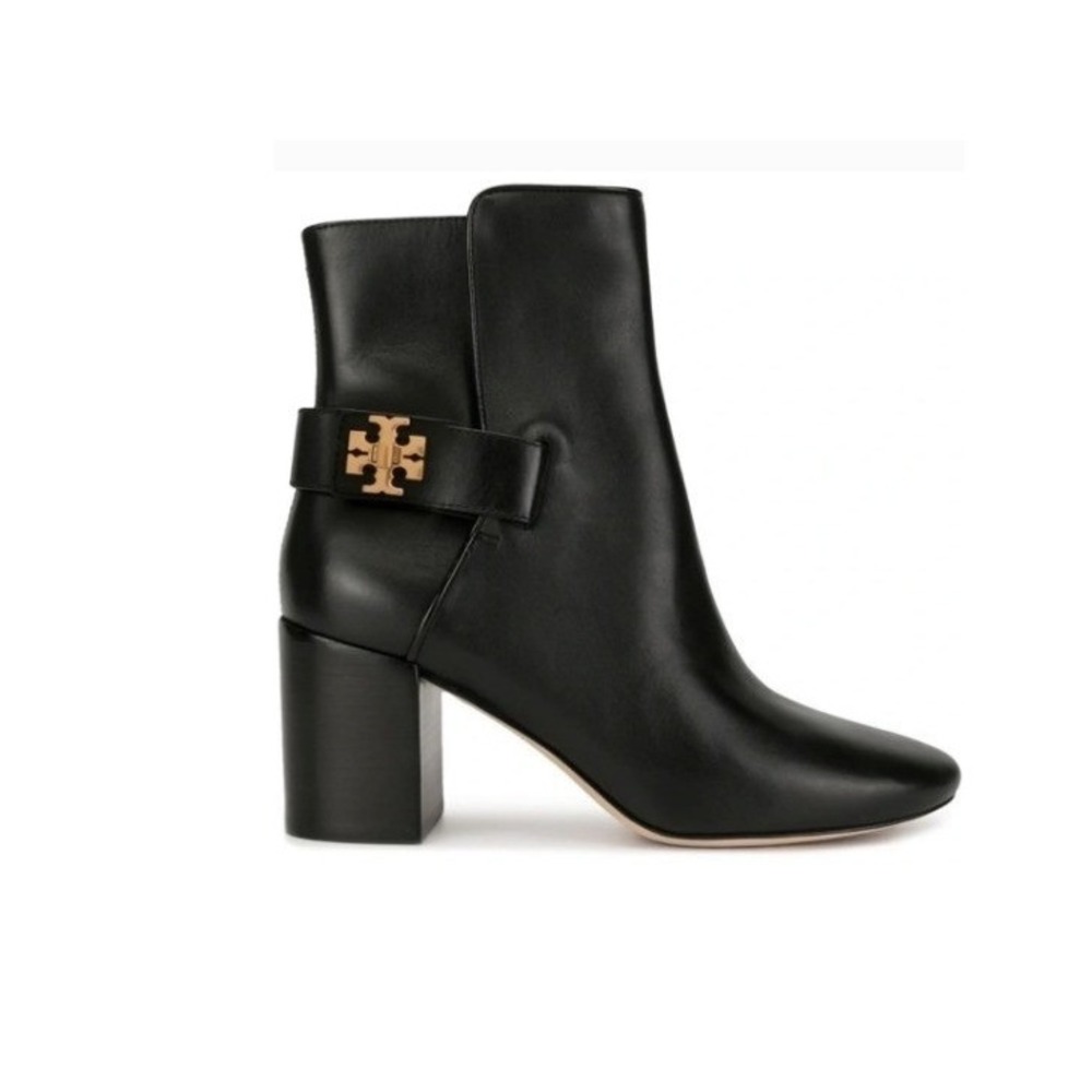 Tory Burch Kira Boots Womens 9M Black Leather Block Heel Gold Minimalist Luxury